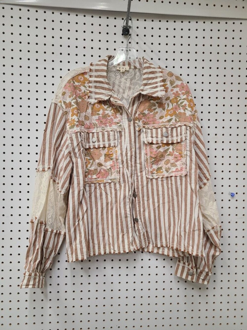 Striped & Floral Patchwork Button-Up Jacket By POL Medium Cotton Blend Lace Acce
